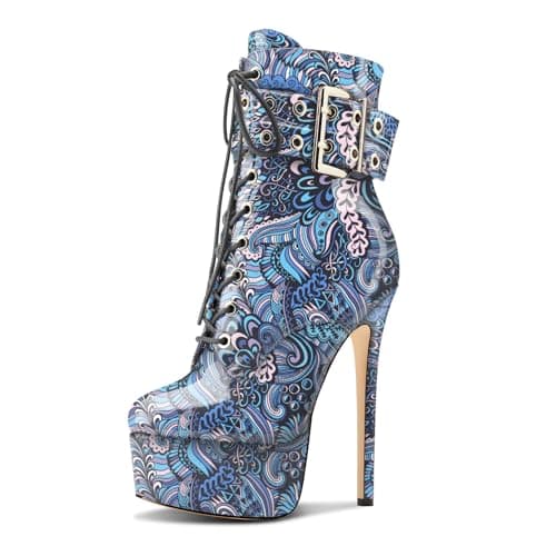 Womens Aachcol Stiletto Heel Platform Ankle Boots Patent Leather Zipper Buckle — Blue Multicolor