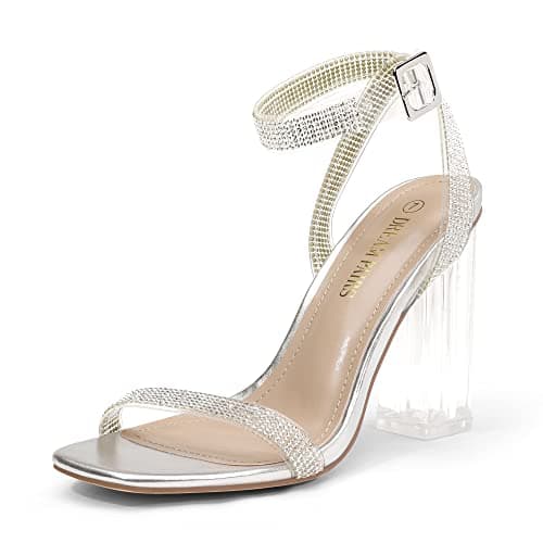DREAM PAIRS Women's Chunky Clear High Heels Sandals — Silver/Clear/Rhinestone