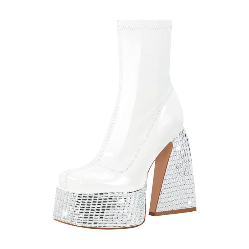 Richealnana Women's Ankle Booties Mid Calf Patent Leather Rhinestones Heels