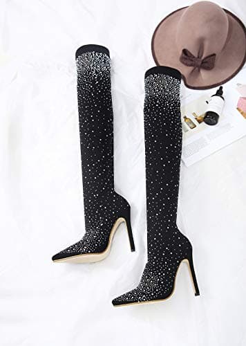 Azermo Women's Sparkly Rhinestone Thigh High Heeled Socks