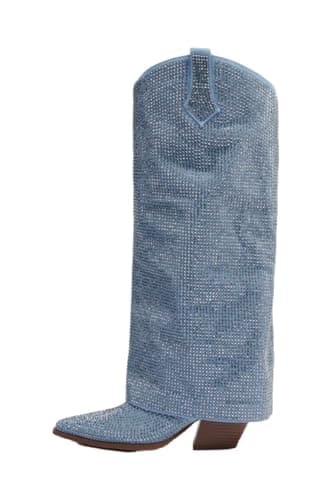 Sexyluxe Women's Sparkly Rhinestone Cowboy Bootie Knee High Jean Boots — Denim Rhinestone