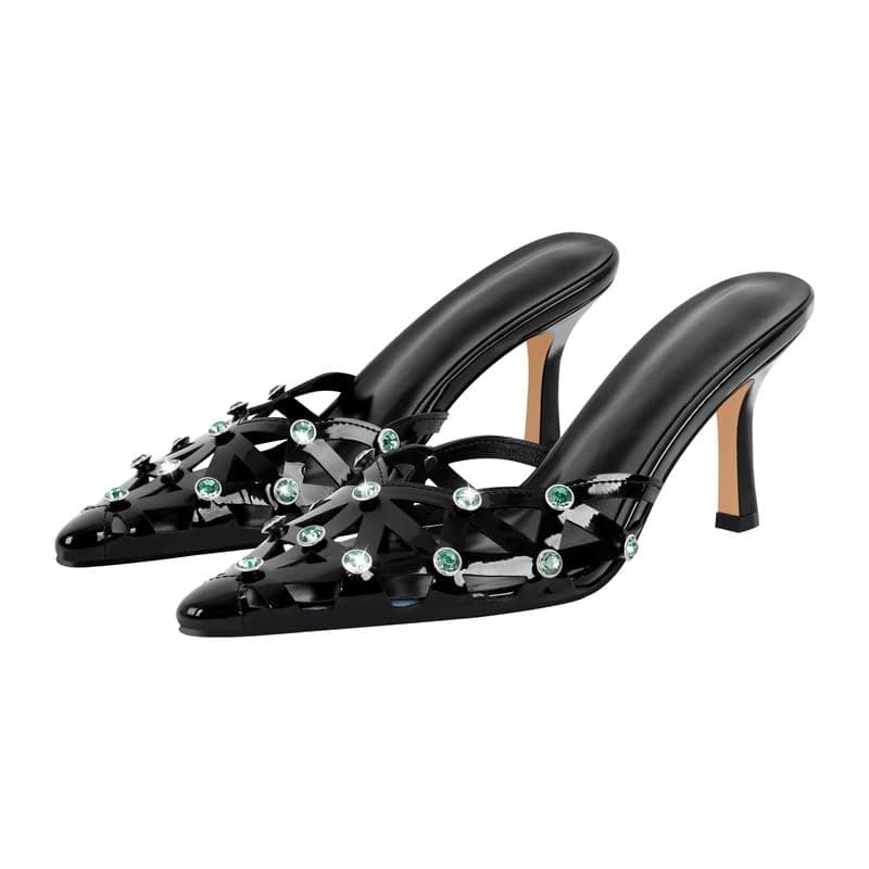 Richealnana Women's Pointed Toe Bow Mule Sandals for Party and Weddings — Black-b