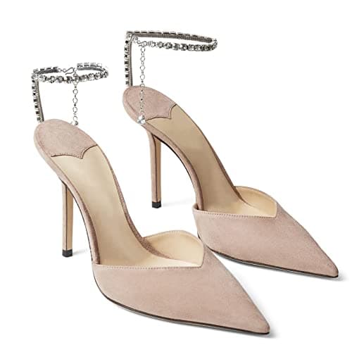 LauraVicci Women's Crystal Chain Heeled Sandals with Rhinestones Buckle Satin Shoes — Beige Suede