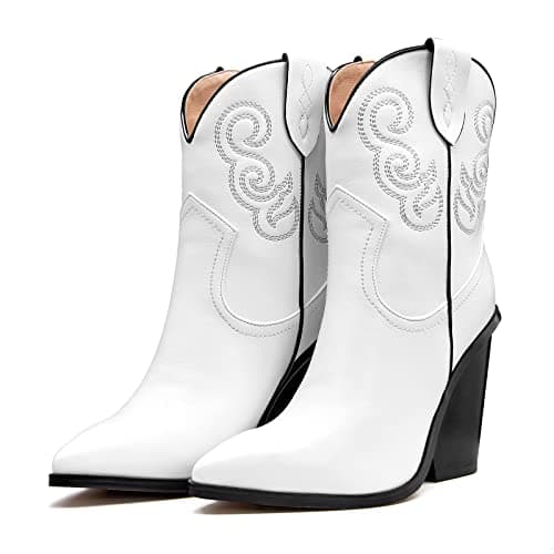 DOBOYG Women's Western Embroidered Cowboy Boots with Chunky Heel Perfect for Country Concerts — White-ankle