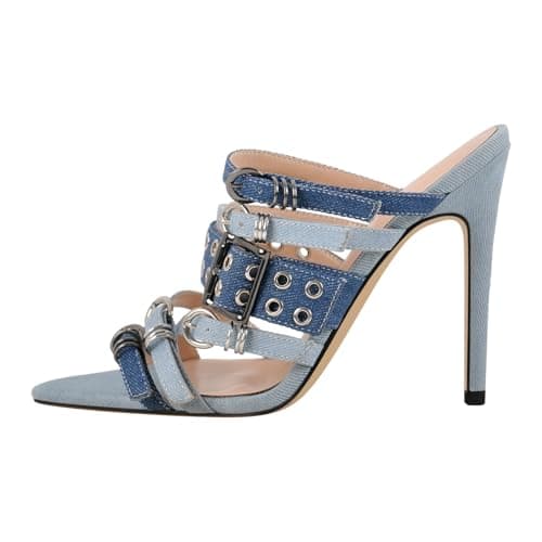 Richealnana Women's Denim Cloth Slip-On Strappy Pointy Toe Sandals