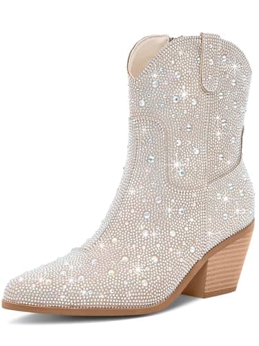 RONILURN Women's Cowgirl Ankle Boots with Rhinestone Heel — Ankle Beige