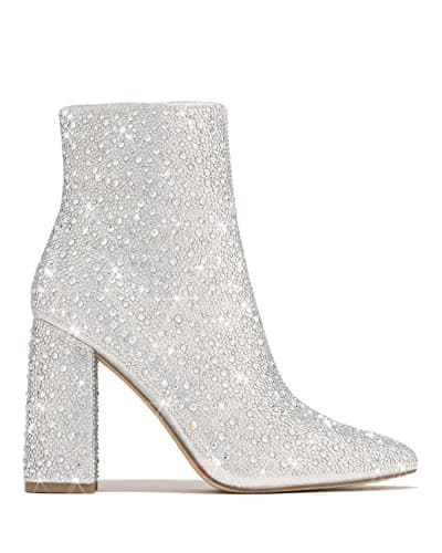 PAZZLE Women's Rhinestone Block Heel Short Knee High Booties Runway-01