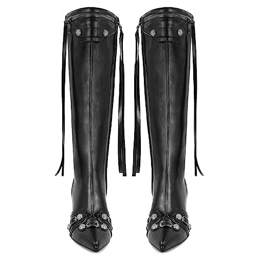 Women's Black Knee High Stiletto Boot TrendsPwd Toe Zippered Heel