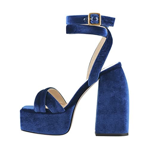 Richealnana Women'sChunky Heel Ankle Strap Sandal With Buckle — Royal Blue