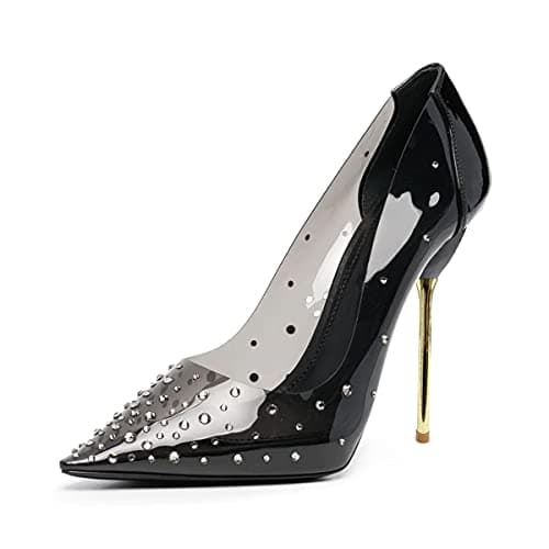 FSJ Women's Studded Pointed Toe Transparent High Heels with Bowknot US 4-15 M — Evening Black