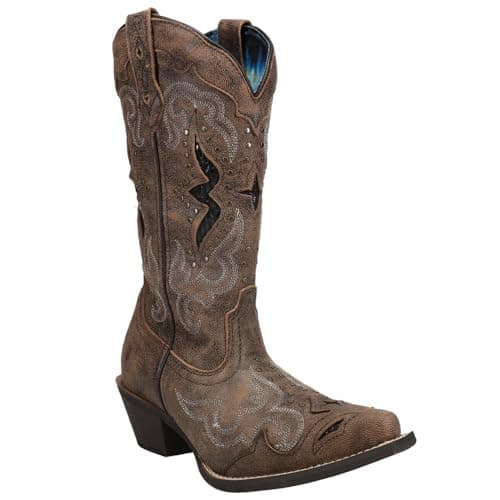 Laredo Womens Lucretia Tooled-Inlay Embroidery Studded Snip Toe Mid Calf Boots - Brown