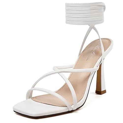 Mostrin Women's Strappy Heels Lace Up Square Toe High Heeled Sandals for Prom, Party & Daily Wear — White