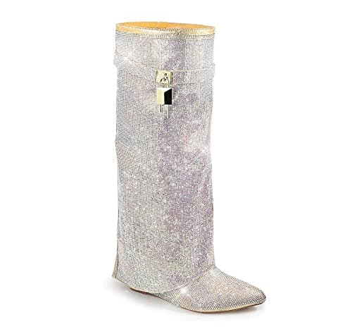 MUTTO-1 Women's Rhinestone Knee-High Fold-Over Wedge Heel Boots — Gold Rhinestone