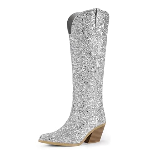 IDIFU IN3 Sparkly Glitter Boots for Women Knee High Wedding Party — Silver