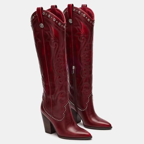 VOMIRA Women's Pointed Toe Chunky Heel Embroidered Knee High Cowboy Boots