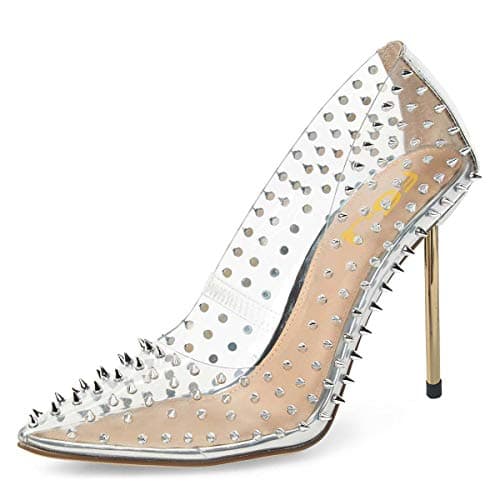 FSJ Women's Studded Pointed Toe Transparent High Heels with Bowknot US 4-15 M — Silver Rivets