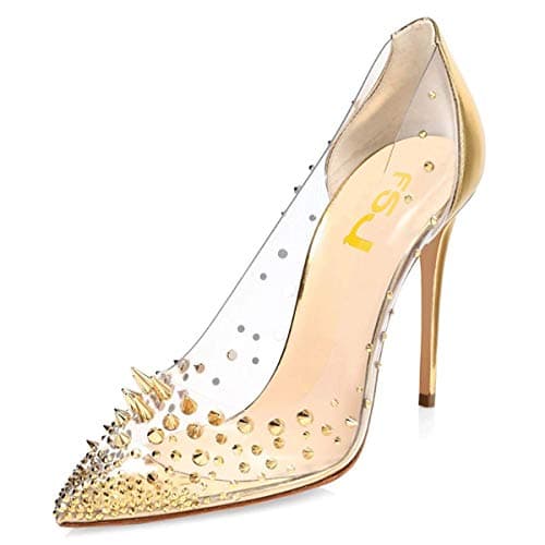 FSJ Women's Studded Pointed Toe Transparent High Heels with Bowknot US 4-15 M — Gold-4