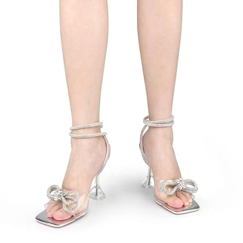 Zzheels Clear Crystal Double Bowknot Slingback Heels for Party and Weddings