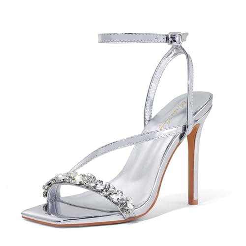Elisabet Tang Women’s 4 Inch Crystal Stilettos Strappy Heels for Party & Daily Wear — Silver Rhinestone