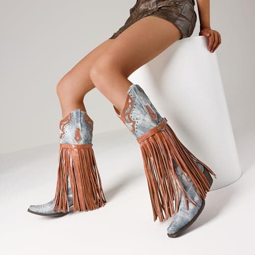 SaraIris Women's Fashion Pointed Toe Western Bootie, 2.75" Heel, Embroidered Fringe, Mid Calf Boots