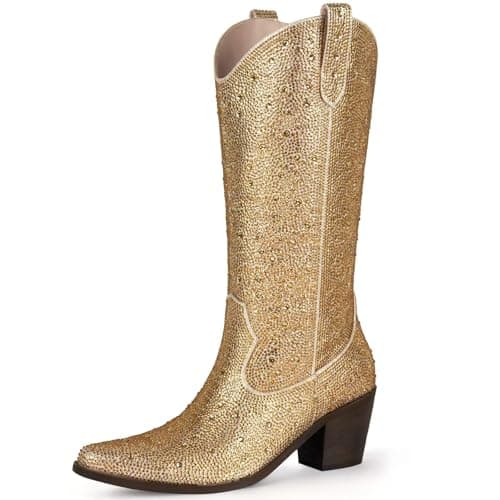 MissMiller Women's Sparkly Rhinestone Mid-Calf Cowboy Boots with Pull-On Tabs — Champagne Gold