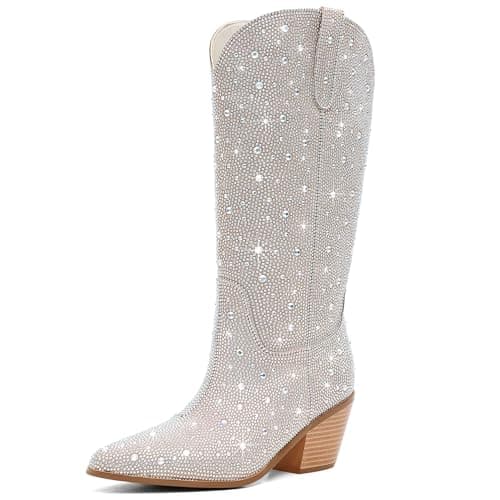 RONILURN Women's Cowgirl Ankle Boots with Rhinestone Heel — Mid Calf Beige