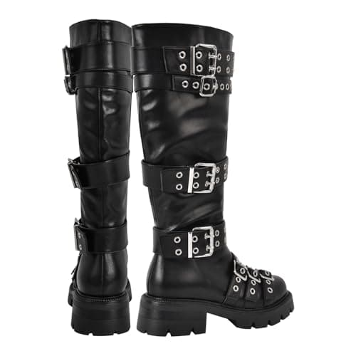 Richealnana Women's Combat Knee High Boots with Lug Sole and Gothic Buckles