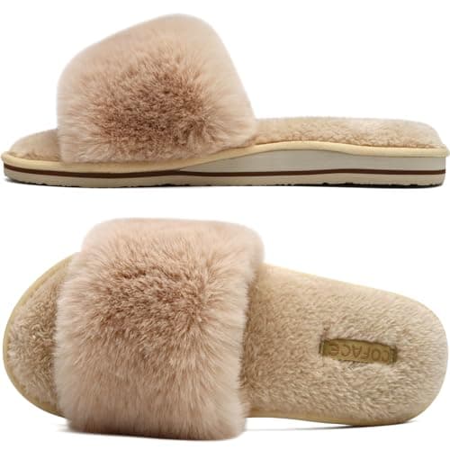 COFACE Women's Memory Foam Plush Slip-On Slippers Anti-Skid Fur Indoor Outdoor — Beige With Fur