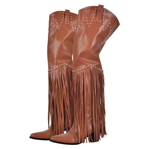 Richealnini Fringe Thigh High Zip-Up Western Boots — Brown
