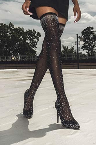 Azermo Women's Sparkly Rhinestone Thigh High Heeled Socks