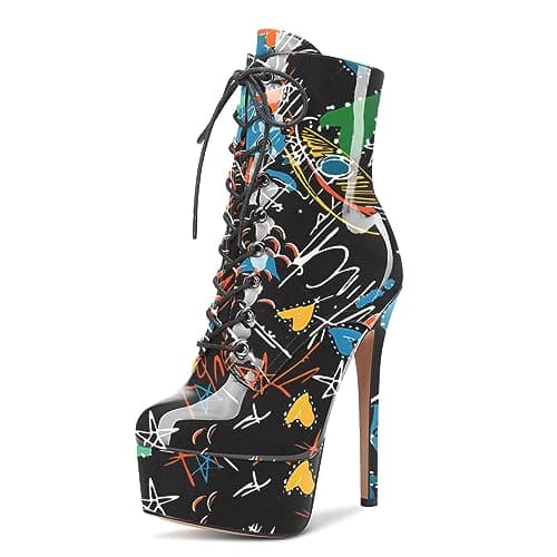 Castamere Women's High Heel Lace-Up Ankle Boots With Zipper Stiletto Heels 6 Inches — Black Doodle