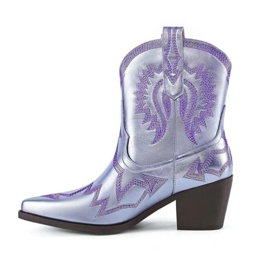 Western Metallic Embroidered Boots for Women - HOCHFART Wide Calf Heel Pull-OnCowgirl — Lavender