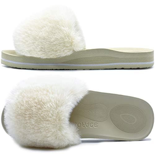 COFACE Women's Memory Foam Plush Slip-On Slippers Anti-Skid Fur Indoor Outdoor — White