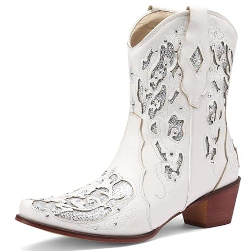 KiutSymo Sparkly Vintage Embroidered Cowgirl Boots Mid Calf Heel Wedding Western — White2