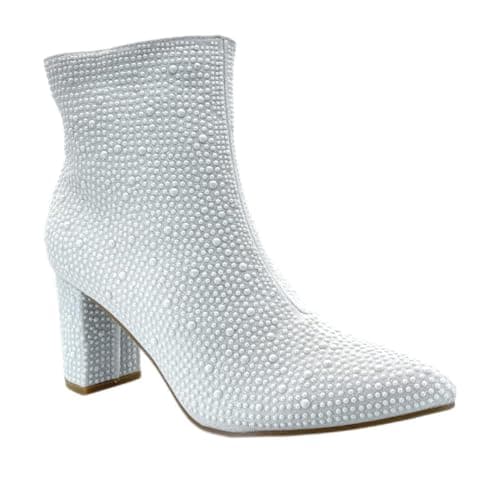 ABSOLEX Women's Pointed Toe Rhinestone Ankle Booties Heel — Ivory