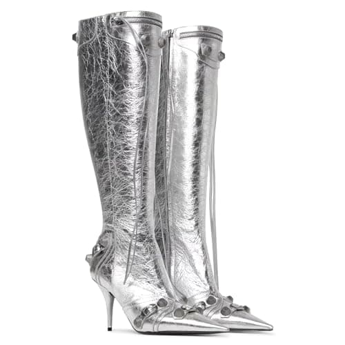 VOMIRA Pointed Toe Rivets Tassels Knee High Stilettos for Women — 1silver