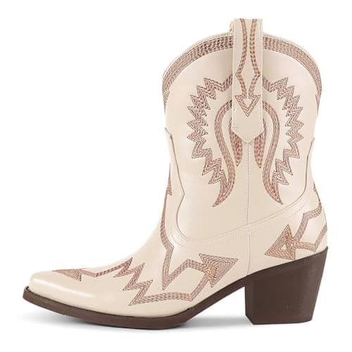 Western Metallic Embroidered Boots for Women - HOCHFART Wide Calf Heel Pull-OnCowgirl — Khaki