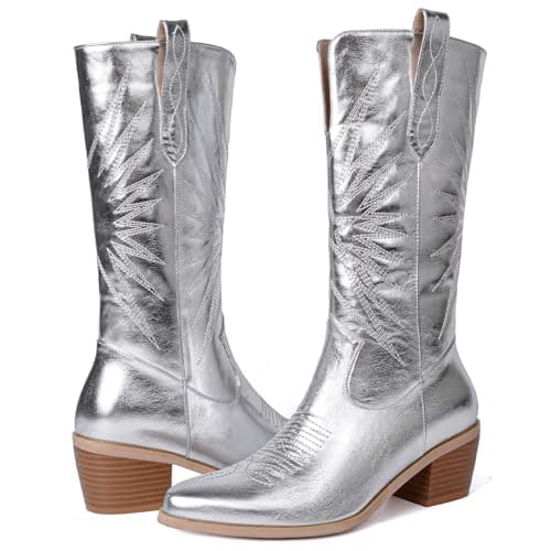 Metallic Embroidered Cowboy Boots for Women | Mid Calf Heel Pull-On