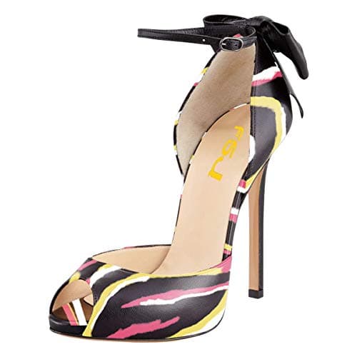 FSJ Women's Bridal Stiletto Heels with Ankle Straps and Buckle Size 4-15 US — Pink & Yellow Stripe