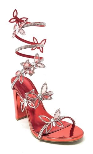 Wild Diva Women's Morris-581 Rhinestone Butterfly Detail Chunk Heel — Red Metallic Pu