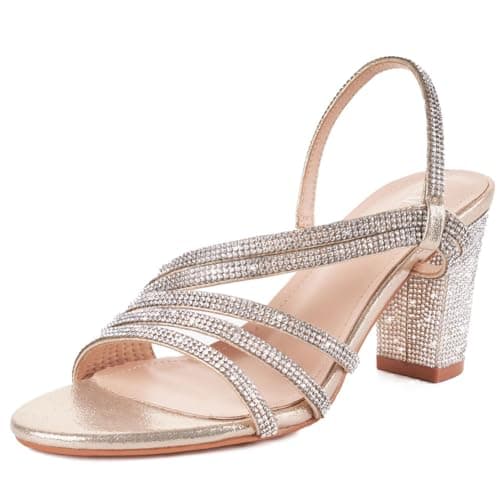 LALA IKAI Women's Rhinestone Open Toe Slingback Heels Sandals — Sgld