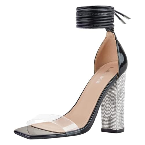 LALA IKAI Chunky Heeled Open Toe Sandals, White, Silver, Gold, Black — 01-black(square Toe)