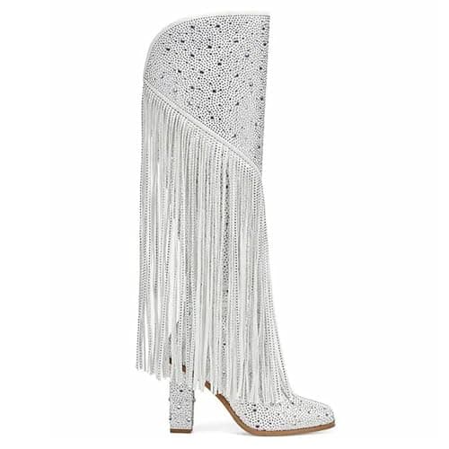 Ouepiano Women's Fringe Rhinestone Zipper Knee High Cowboy Boots for Girls Party Date