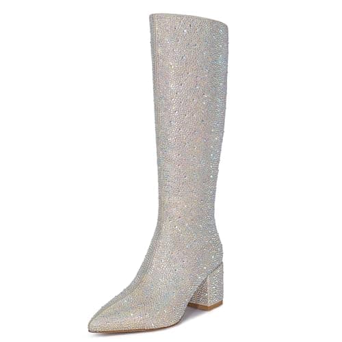 Wetkiss Sparkly Rhinestone Knee High Boots for Women Weddings Dates — L-champagne Rhinestone