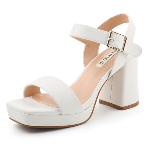 JOY IN LOVE Women's Chunky Platform Heels Ankle Strap Sandals — White Matte