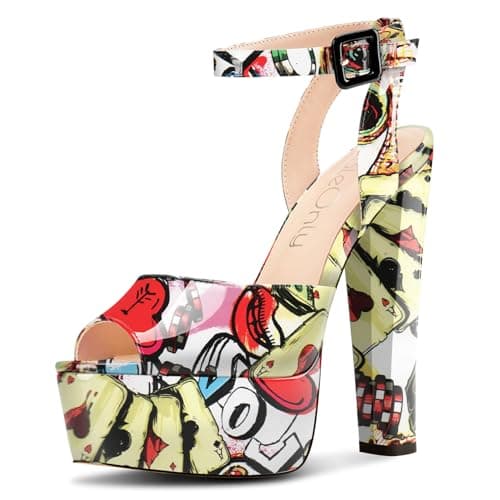 NobleOnly Chunky Heel Ankle Strap Sandals for Women Wedding Party Prom 5.9 Inches — Poker Pattern