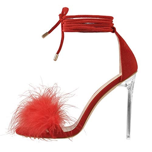 Women's Fuzzy Strappy Wrapped Feather Sandals — Red