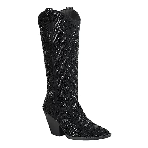 ABSOLEX Women's Western Cowgirl Rhinestone Knee High Boots — Black