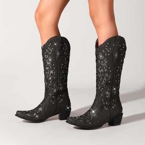 LingxiaUne Sparkly Rhinestone Western Cowboy Boot with Embroidery for Women