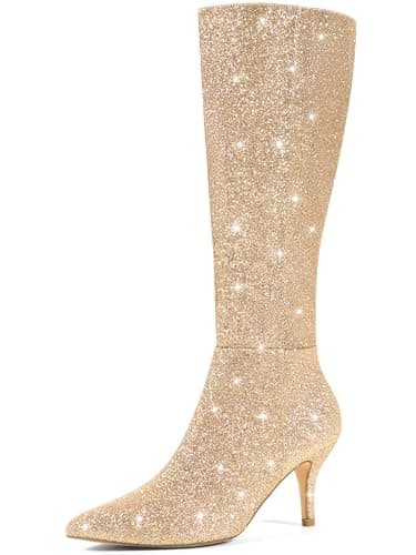 Perphy Women's Sparkly Stiletto Heel Knee High Boots — Gold